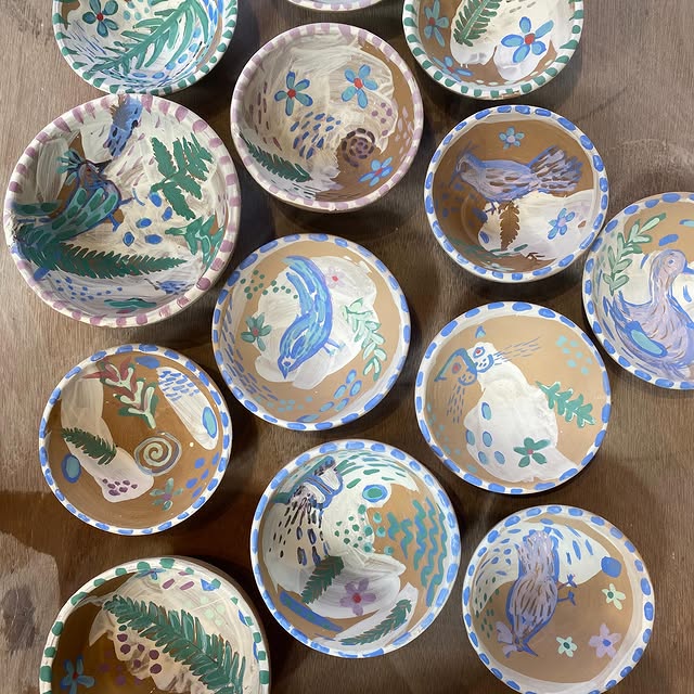 Hand-painted bird and botanical ceramic bowls by Leaf Ceramics