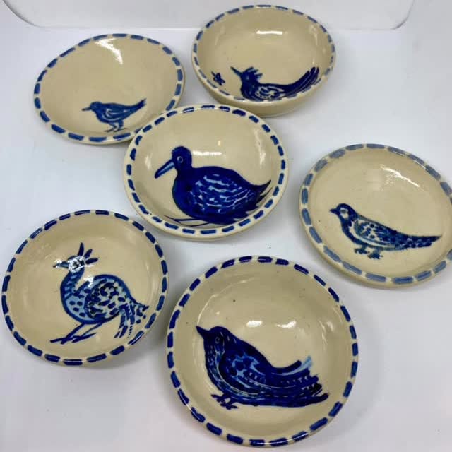 Small blue bird ceramic bowls by Leaf Ceramics